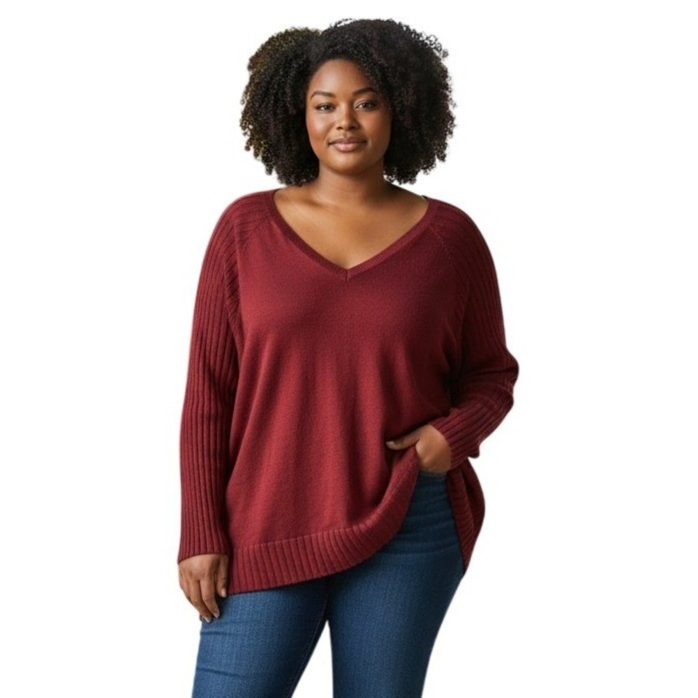 Vince Camuto Sweater Women 3X Red NEW V-Neck Ribbed Raglan Knit
